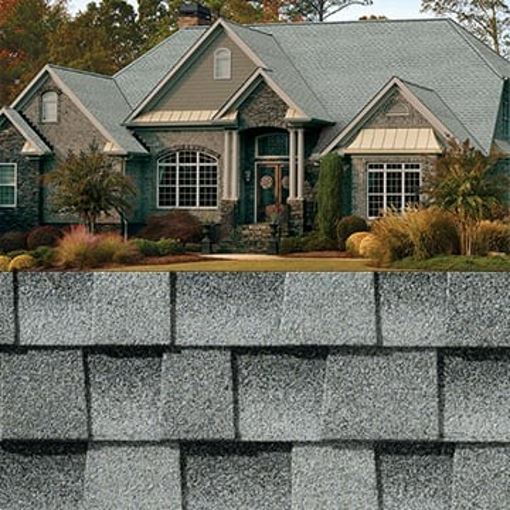 Close up of GAF Timberline HDZ gray roof shingles with companion image showing how it looks on a gray brick house.
