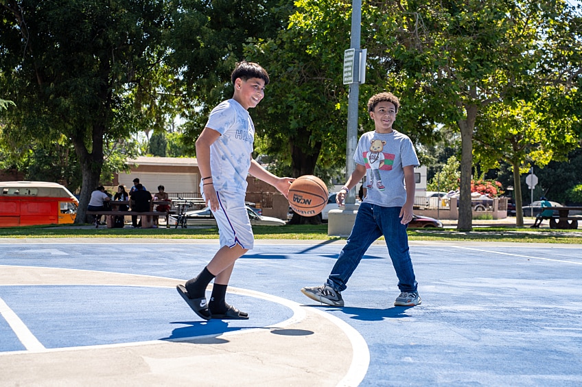 A colorful basketball court.