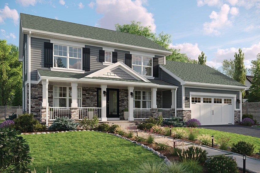 A gray house with slate shingles