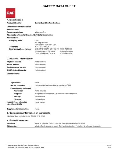 GAF BarrierGuard® Surface Coating SDS - 3009