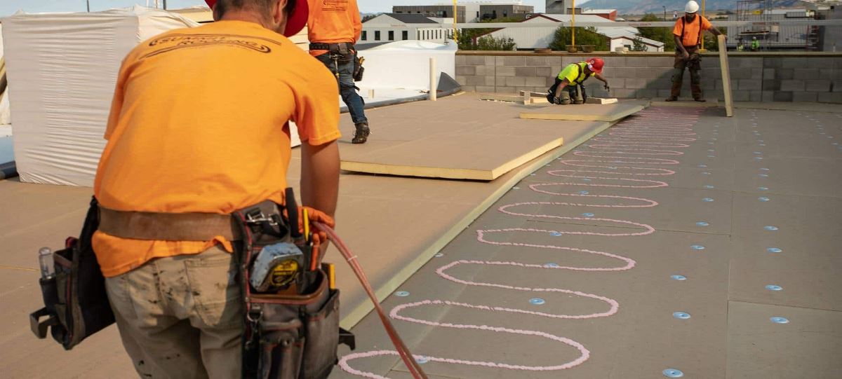 GAF certified contractors adhering TPO roofing on Bozeman Public Safety Center