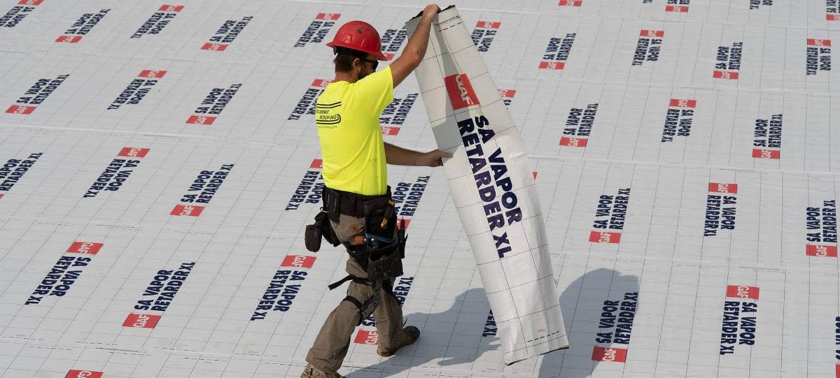 Contractor with SA Vapor Retarder XL by GAF on the Boeman Public Safety Center roof. 