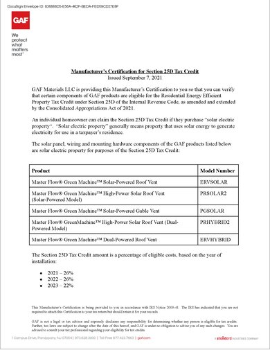 Solar Vent Tax Credit