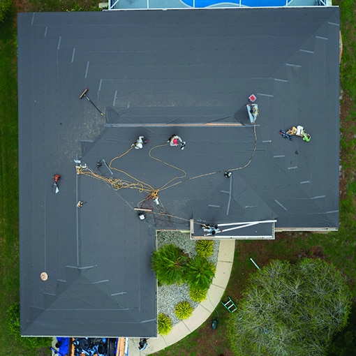 Aerial image of roof with storm damage