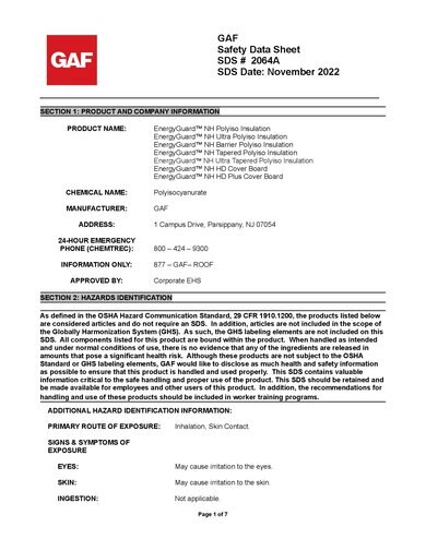 EnergyGuard™ NH Polyiso Insulation SDS - 2064A