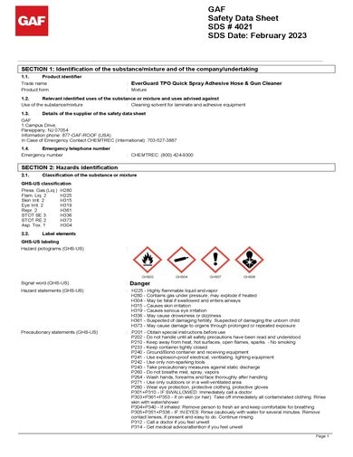 EverGuard® TPO Quick Spray Adhesive Hose & Gun Cleaner SDS - 4021
