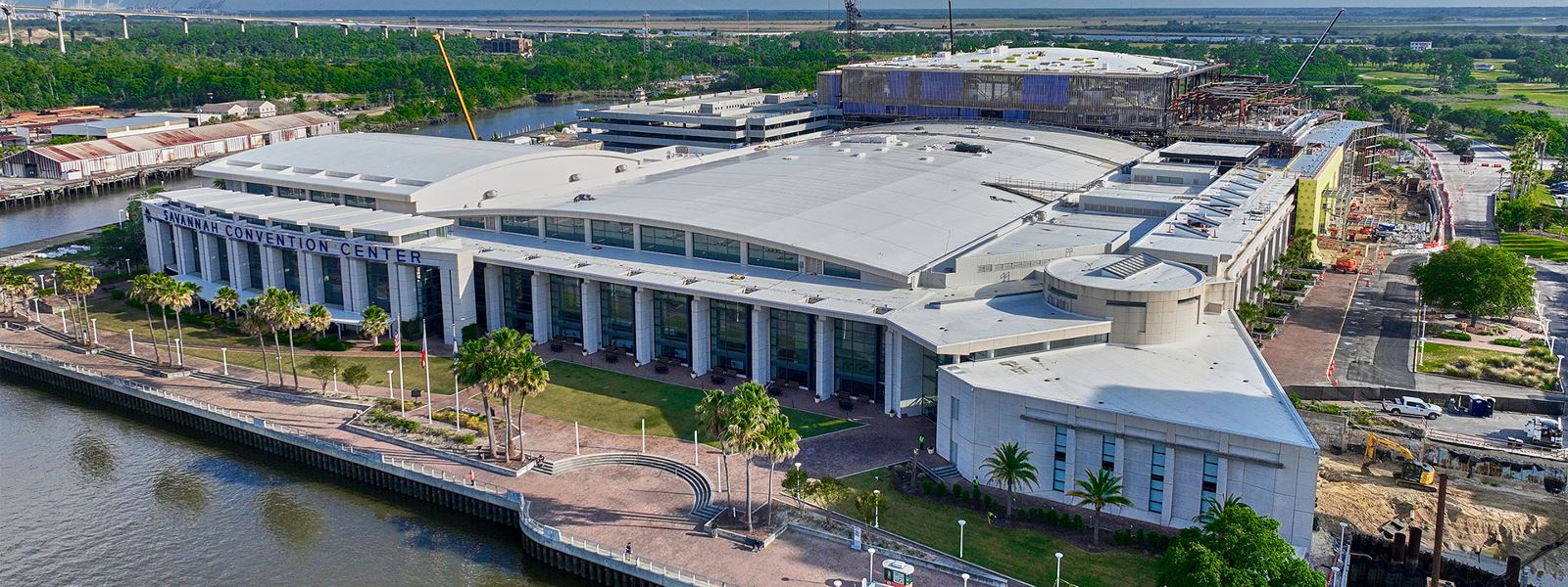 Front view of Svannah Convention Center with new GAF roof