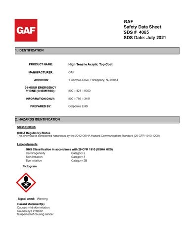 GAF High‑Tensile Acrylic Top Coat SDS - 4065