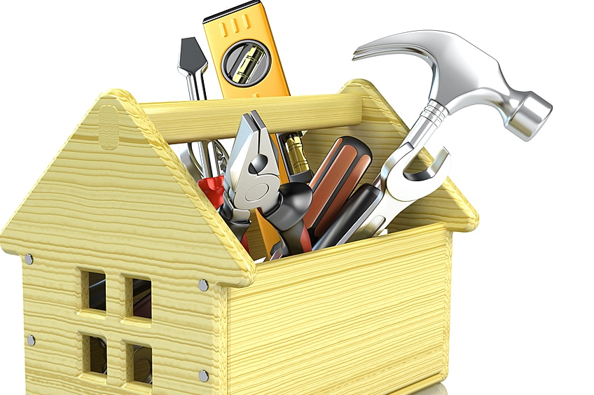 Home toolbox with tools shown in roof.