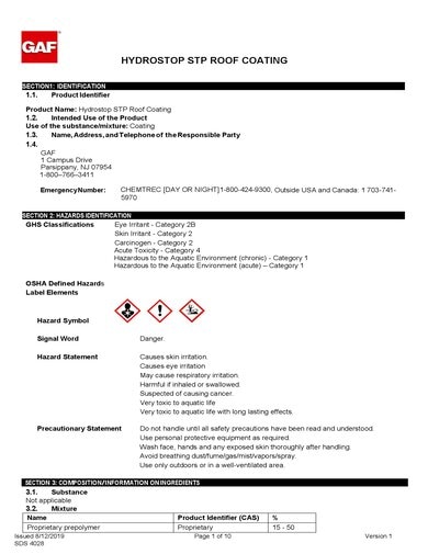 GAF Premium Acrylic HydroStop® STP Roof Coating SDS - 4028