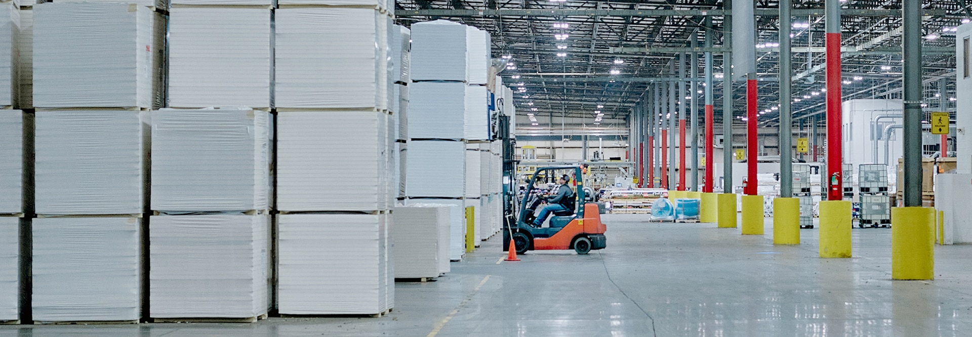 GAF warehouse with stacks of building materials