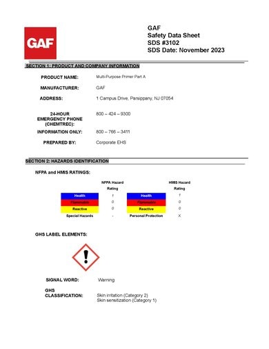 GAF Multi-Purpose Primer Part A SDS - 3102