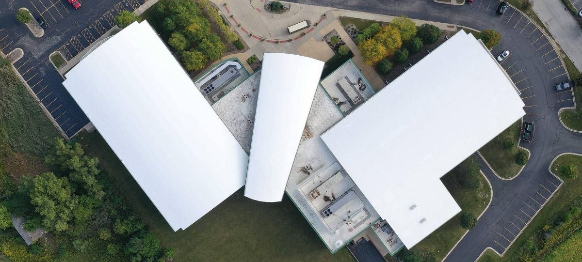 The Orland Park Sportsplex with a new GAF roof in process.