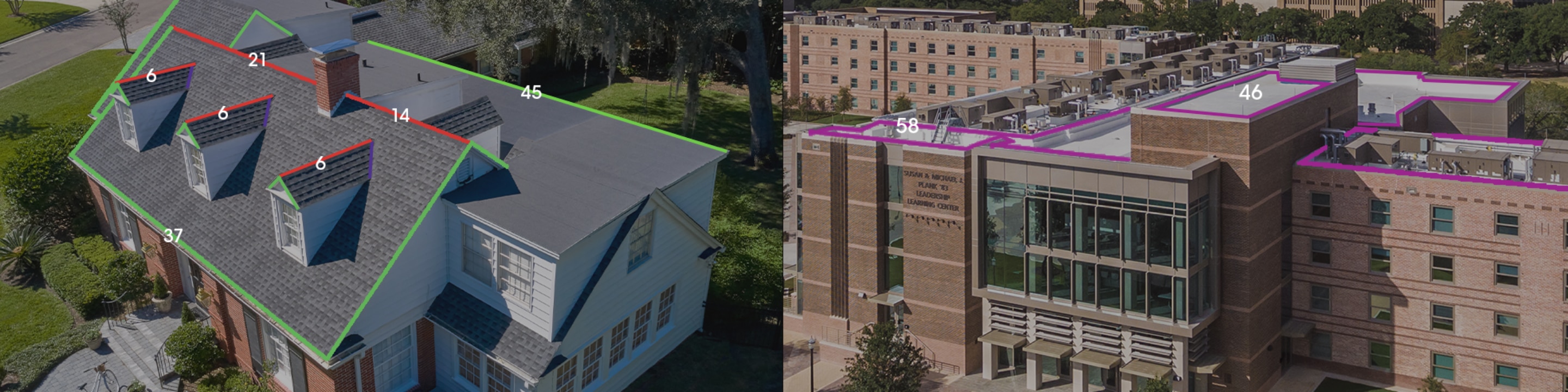 Aerial view of a residential and a commercial property with outlined roof measurements by QuickMeasure