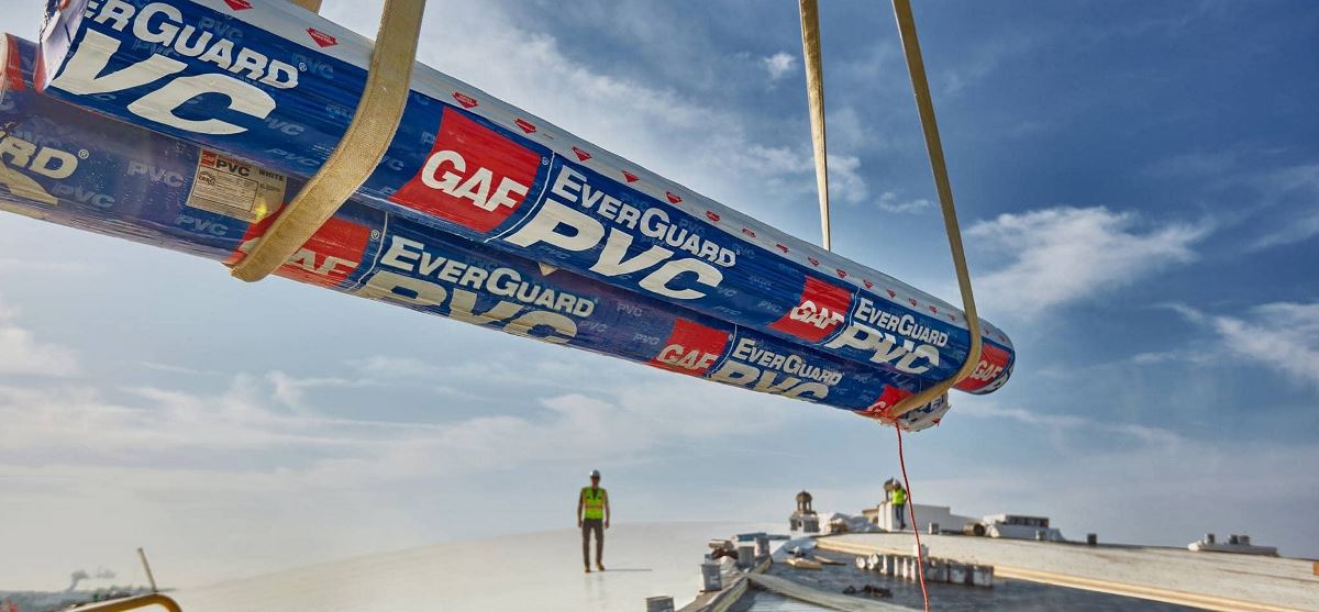 EverGuard PVC being loaded onto new commercial roof