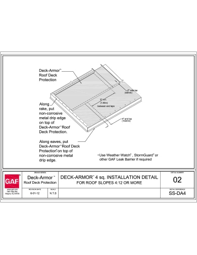 SS-DA4-02 Deck-Armor™ 4sq. Installation Detail For Roof Slopes 4:12 or more