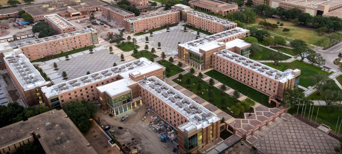 Side aerial view of Texas A&M University dorm buildings