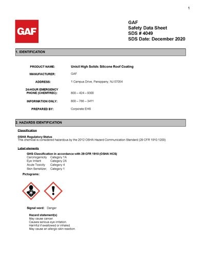 GAF Unisil High Solids Silicone Roof Coating SDS - 4049