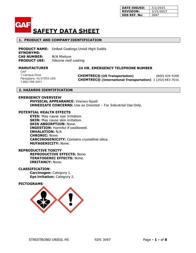 GAF Unisil High Solids Silicone Roof Coating SDS - 3047