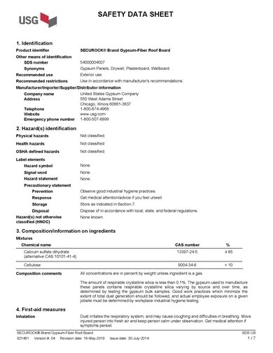 USG Securock® Brand Gypsum‑Fiber Roof Board SDS - 4127