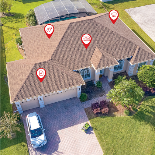 Residential home with wind and hail history icons on roof